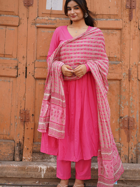 Pink Solid Alia Cut Suit Set Jonaya