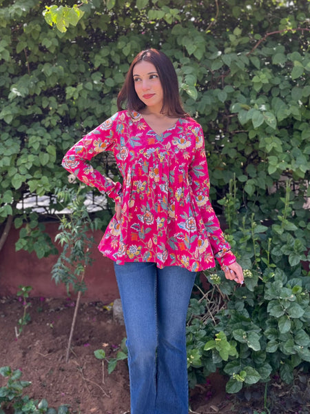 Pop Pink full sleeves peplum top - Jonaya