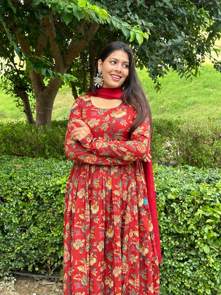 Pretty Red floral Gher suit set - Jonaya