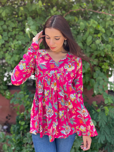 Pop Pink full sleeves peplum top - Jonaya