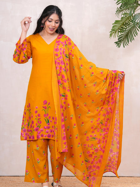 Pink yellow floral straight kurta set Jonaya