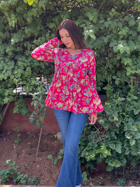 Pop Pink full sleeves peplum top - Jonaya