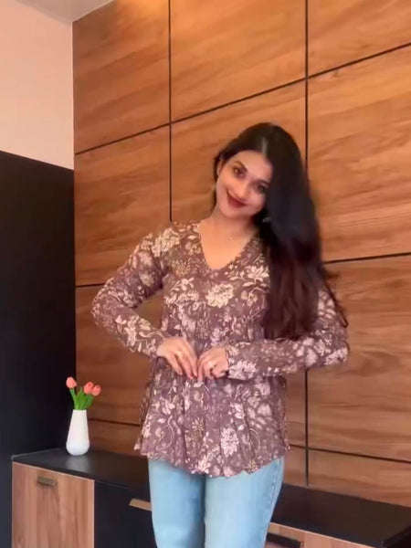 Brown floral full sleeves Peplum top - Jonaya