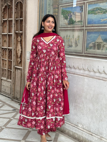 Rosewood Anarkali lace suit set - Jonaya