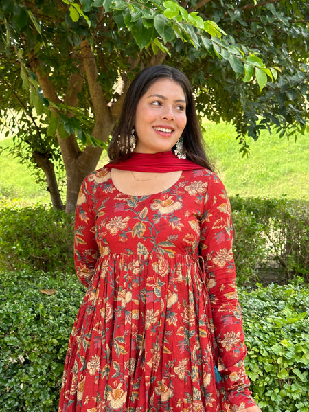 Pretty Red floral Gher suit set - Jonaya