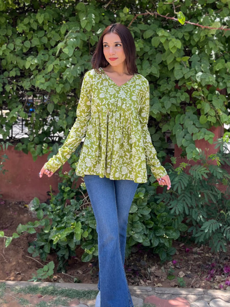Floral green full sleeves Peplum top - Jonaya