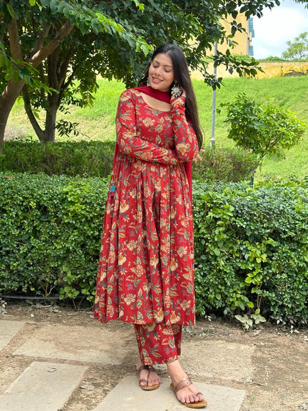 Pretty Red floral Gher suit set - Jonaya