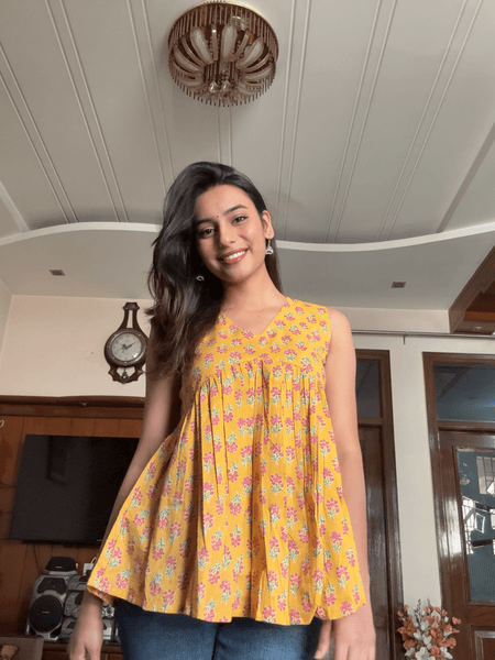 Yellow fool patti cut sleeves Peplum top - Jonaya