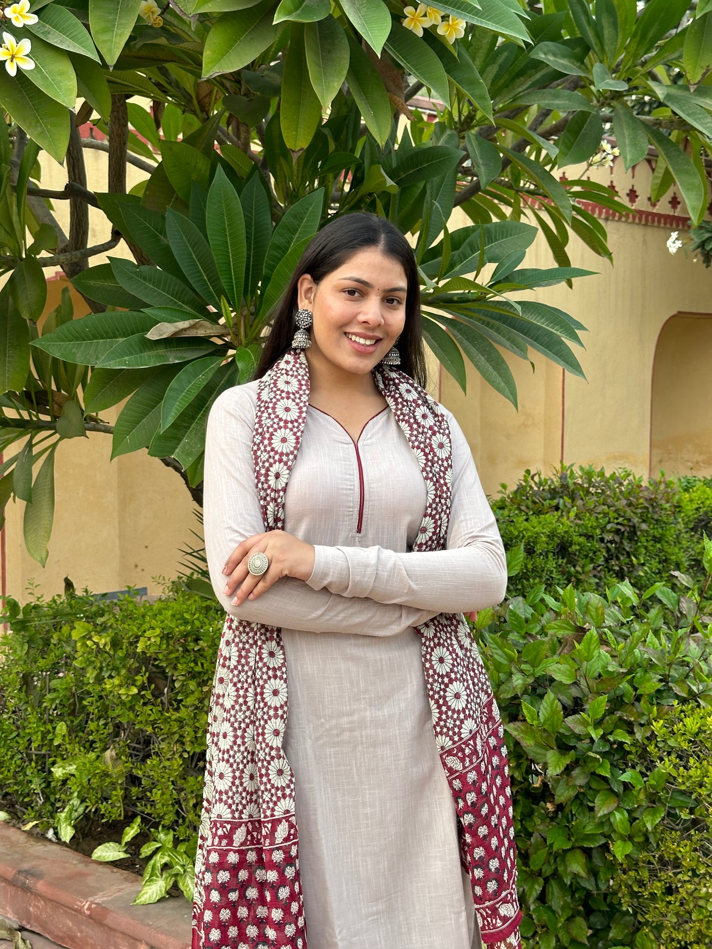 ग्रे मैरून कॉटन सूट सेट