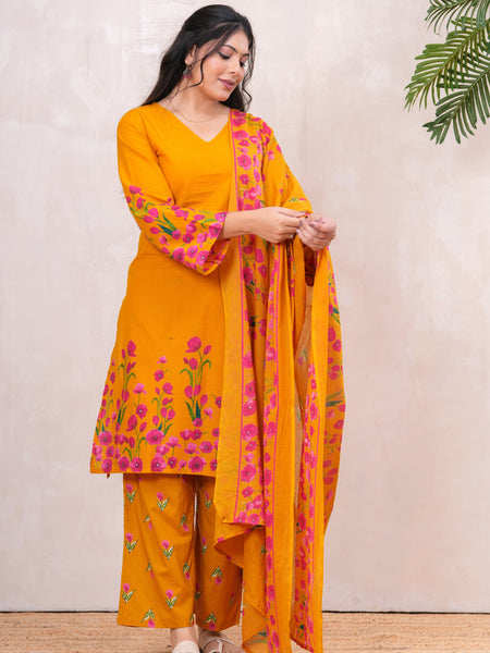 Pink yellow floral straight kurta set Jonaya
