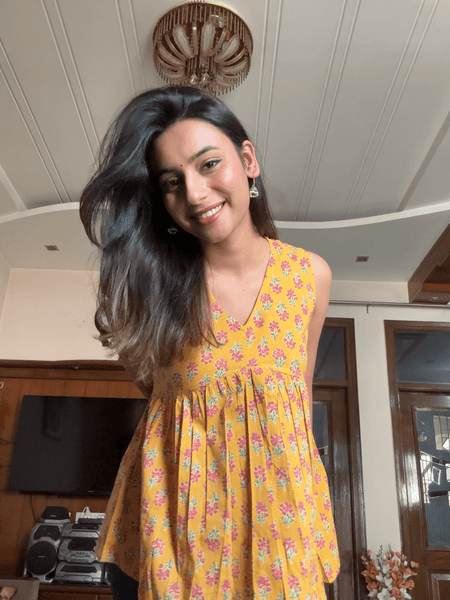 Yellow fool patti cut sleeves Peplum top - Jonaya
