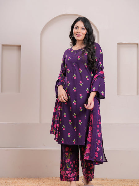Purple pink floral straight suit set Jonaya