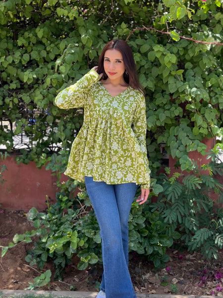 Floral green full sleeves Peplum top - Jonaya
