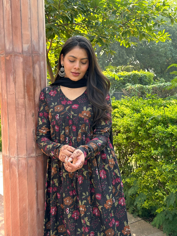 Black Floral Aliacut Suit Set - Jonaya