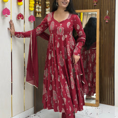 Festive Maroon green paisley Anarkali set Jonaya