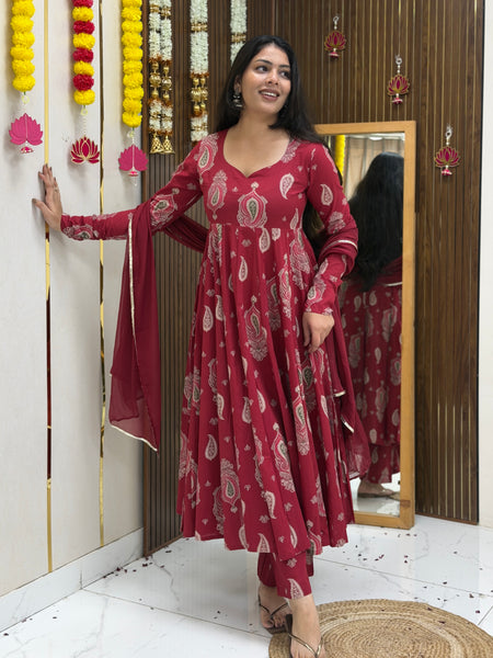 Festive Maroon green paisley Anarkali set Jonaya