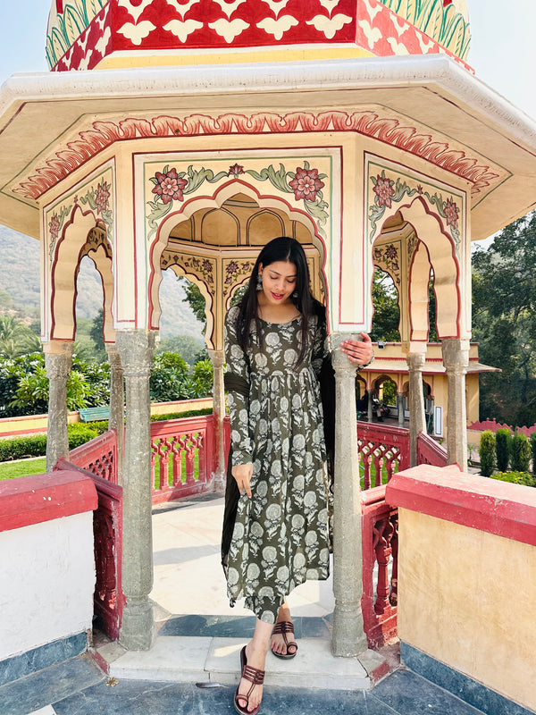 Olive floral Anarkali Suit Set - Jonaya