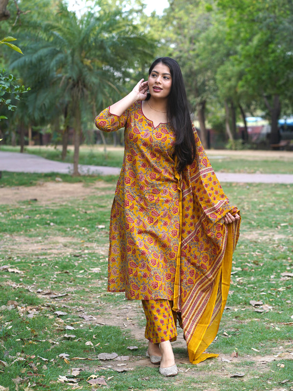 Yellow Red Floral Straight Suit Set - Jonaya