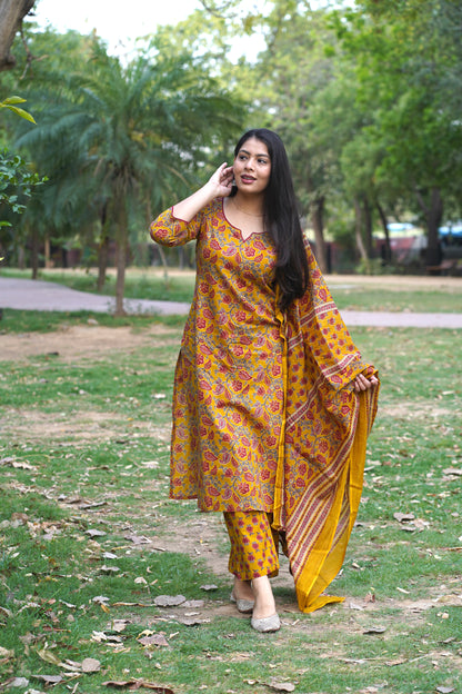Yellow Red Floral Straight Suit Set