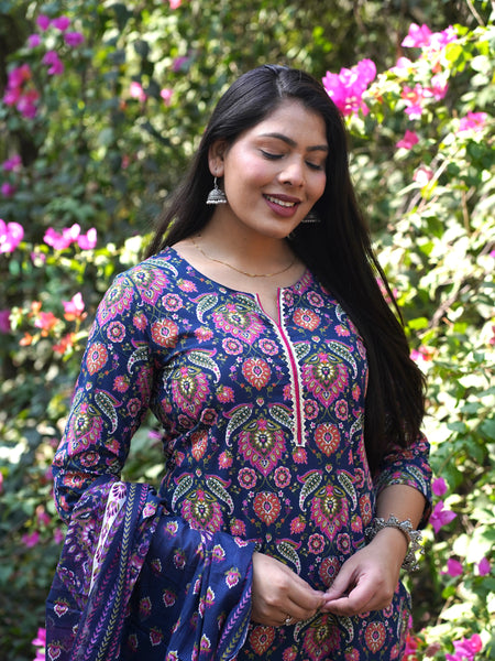 Blue pink floral straight suit set - Jonaya