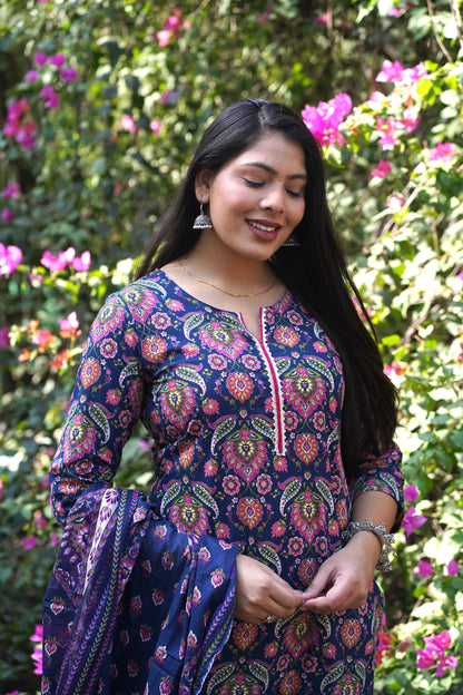 Blue pink floral straight suit set