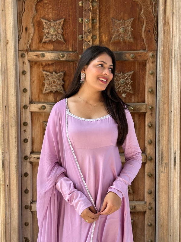 Butter Purple White Lace Flare Suit Set - Jonaya