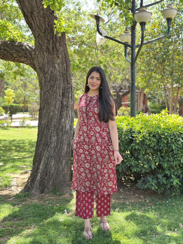 Maroon Black Floral Co-ord Set - Jonaya