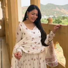 White pink petal handblock flare Anarkali Jonaya