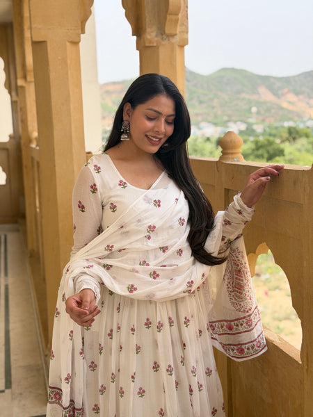 White pink petal handblock flare Anarkali Jonaya