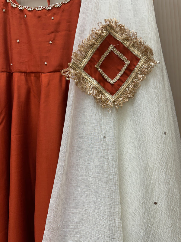 Rust Orange Hand embroidered Lux Anarkali - Jonaya