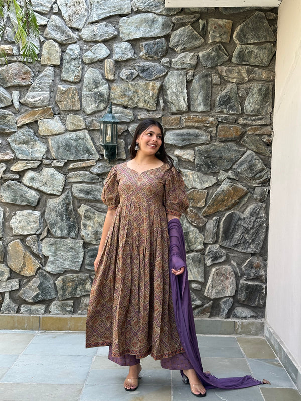 Lavender Beige Flare Suit Set - Jonaya