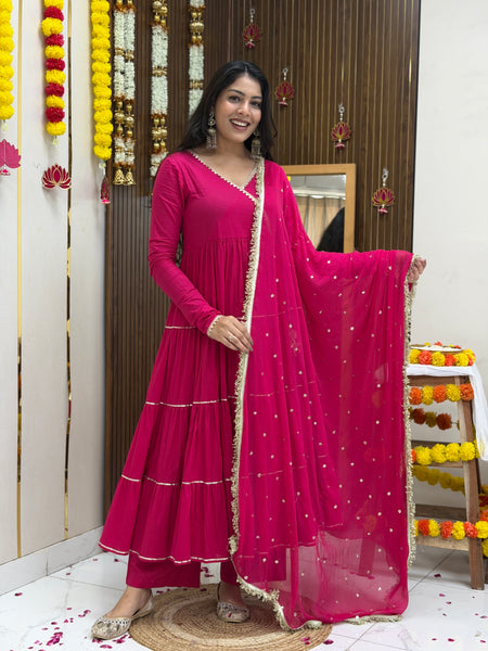 Pink Polki full tier Anarkali set