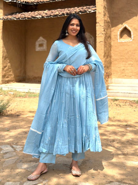 Powder blue white embroidery Anarkali
