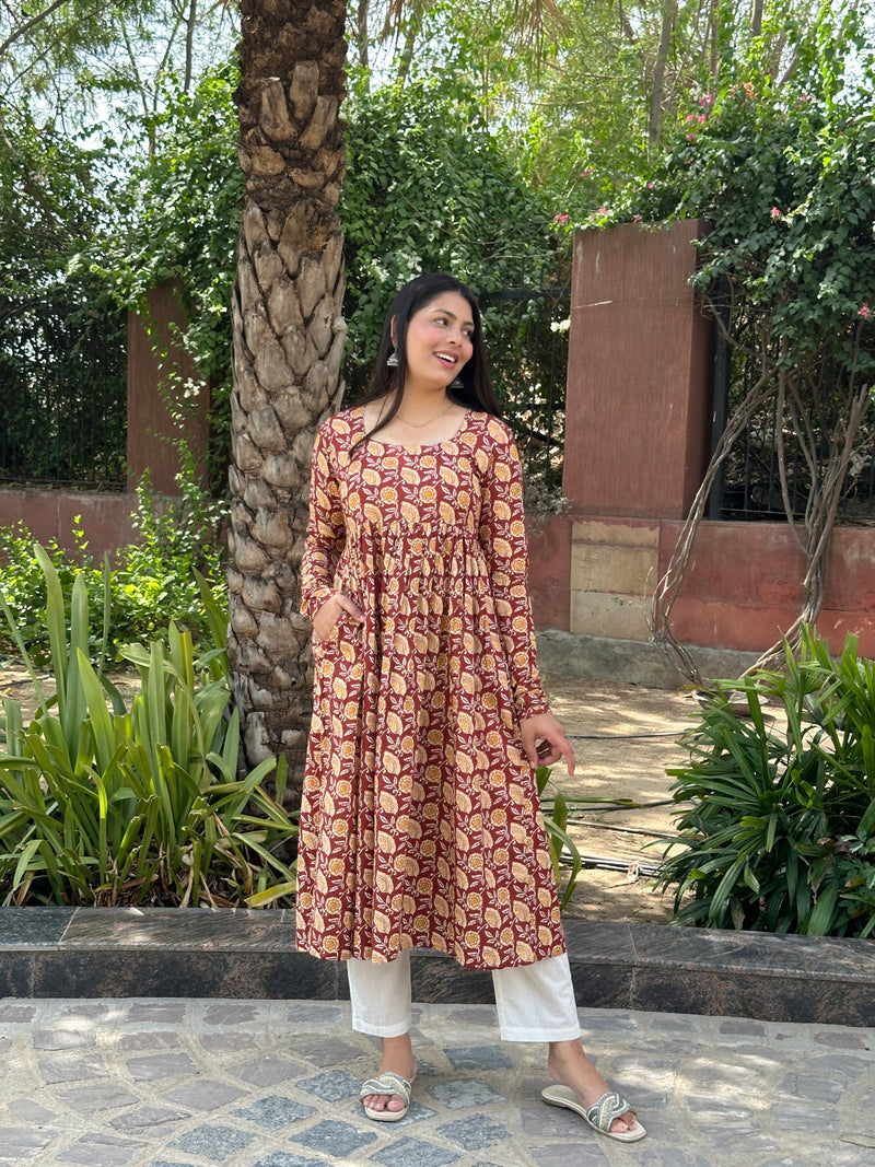 Brick Red full sleeves kameez - Jonaya