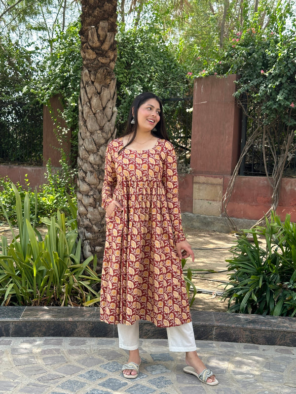 Brick Red Full Sleeves Kameez - Jonaya