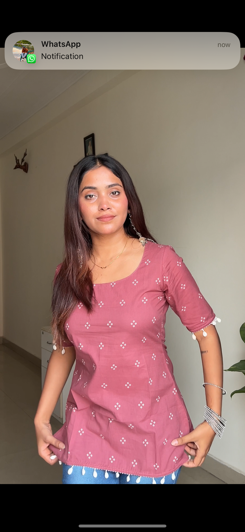 Pink bhandej shells cotton straight kurti Jonaya