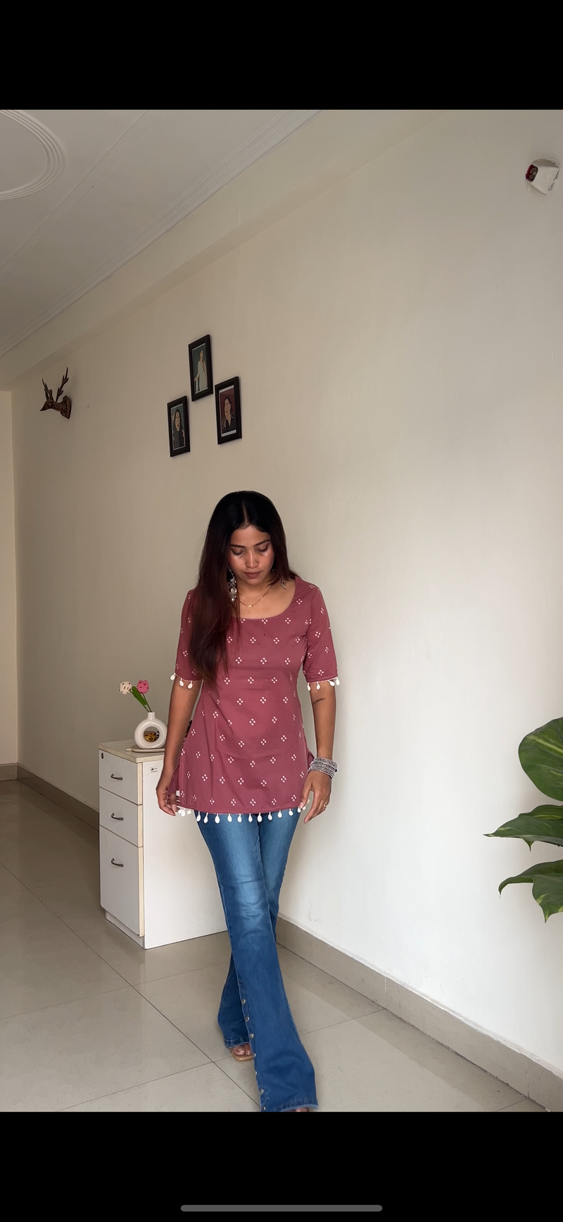 Pink bhandej shells cotton straight kurti Jonaya