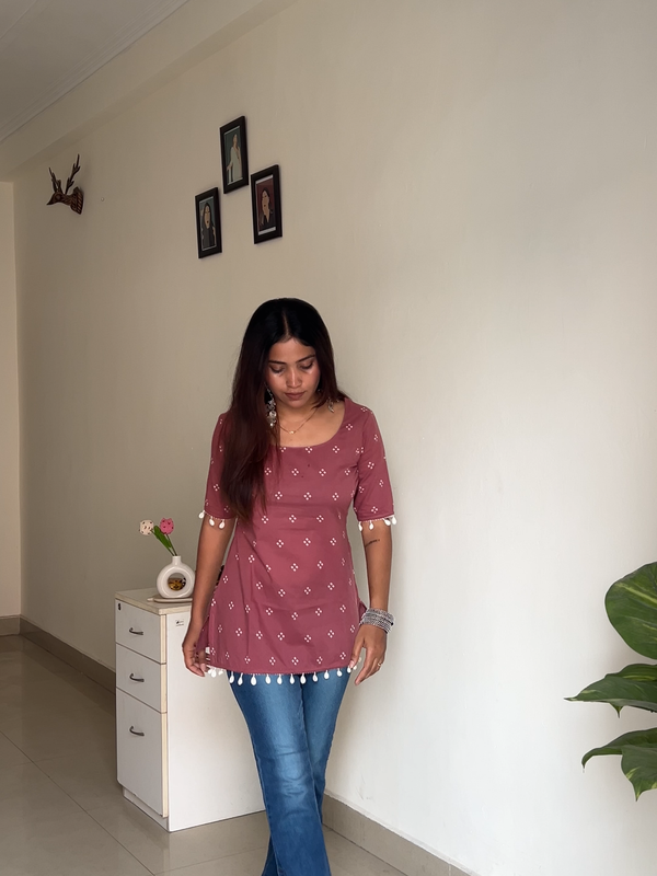 Pink Bhandej Shells Cotton Straight Kurti - Jonaya