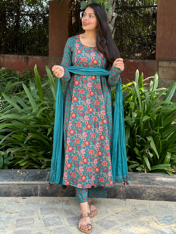 Orange Green Garden Flare Suit Set - Jonaya