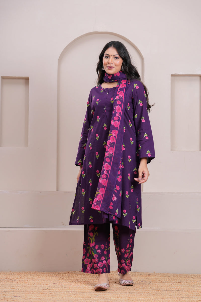 Purple pink floral straight suit set Jonaya