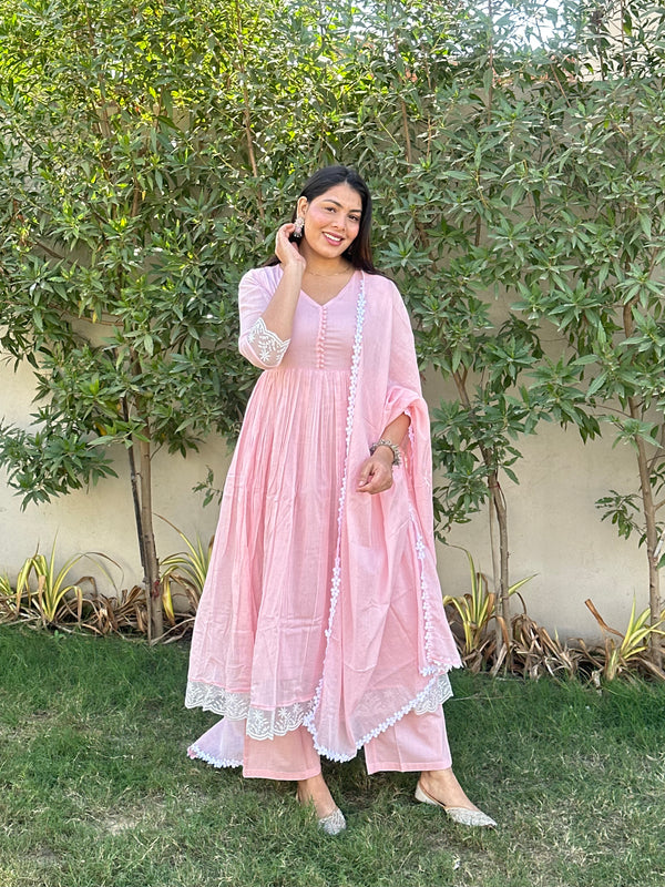 Baby Pink Mul Cotton Flare Suit Set - Jonaya