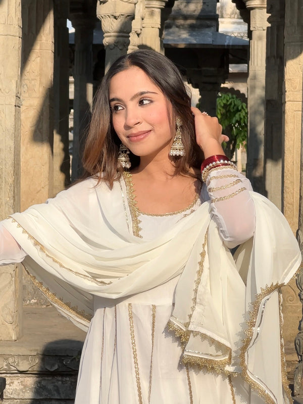 White and Gold Georgette Anarkali Set - Jonaya