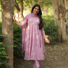 White Pink Pastel Anarkali Suit Set Jonaya