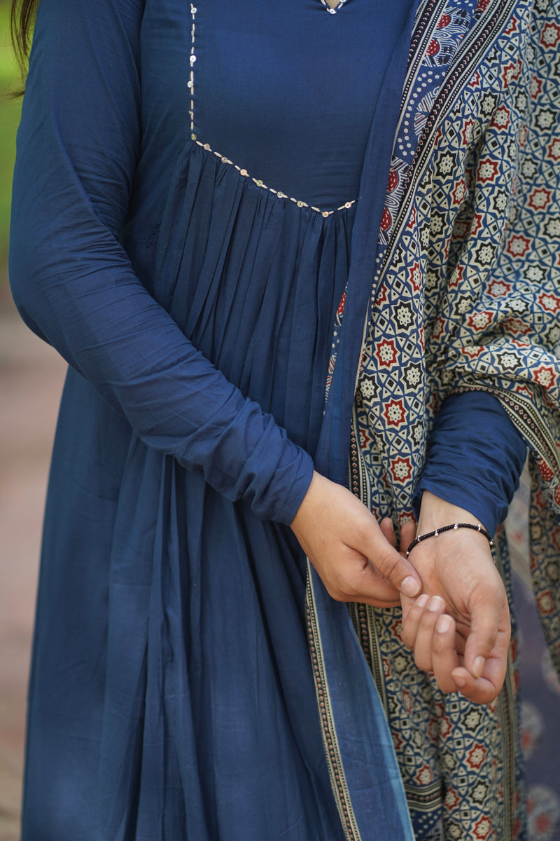 Blue Ajrakh print flair suit set Jonaya