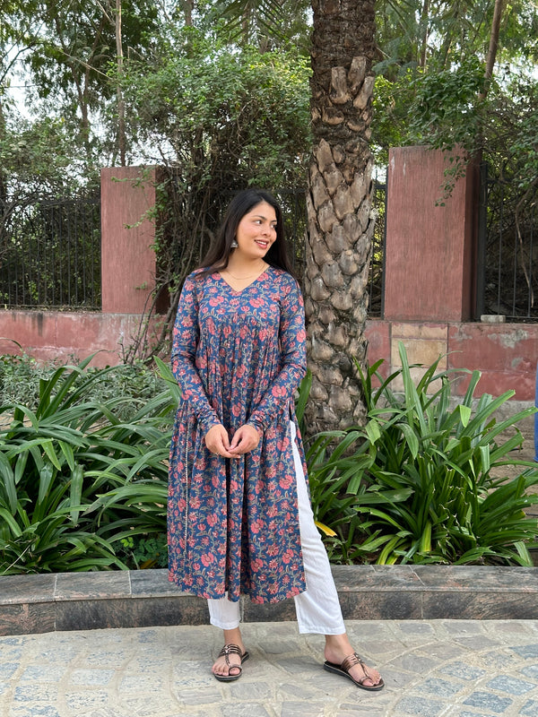 Deep Blue High Slit Flared Kameez - Jonaya