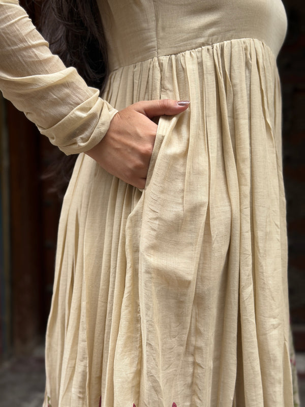 Beige Pink Handblock Anarkali