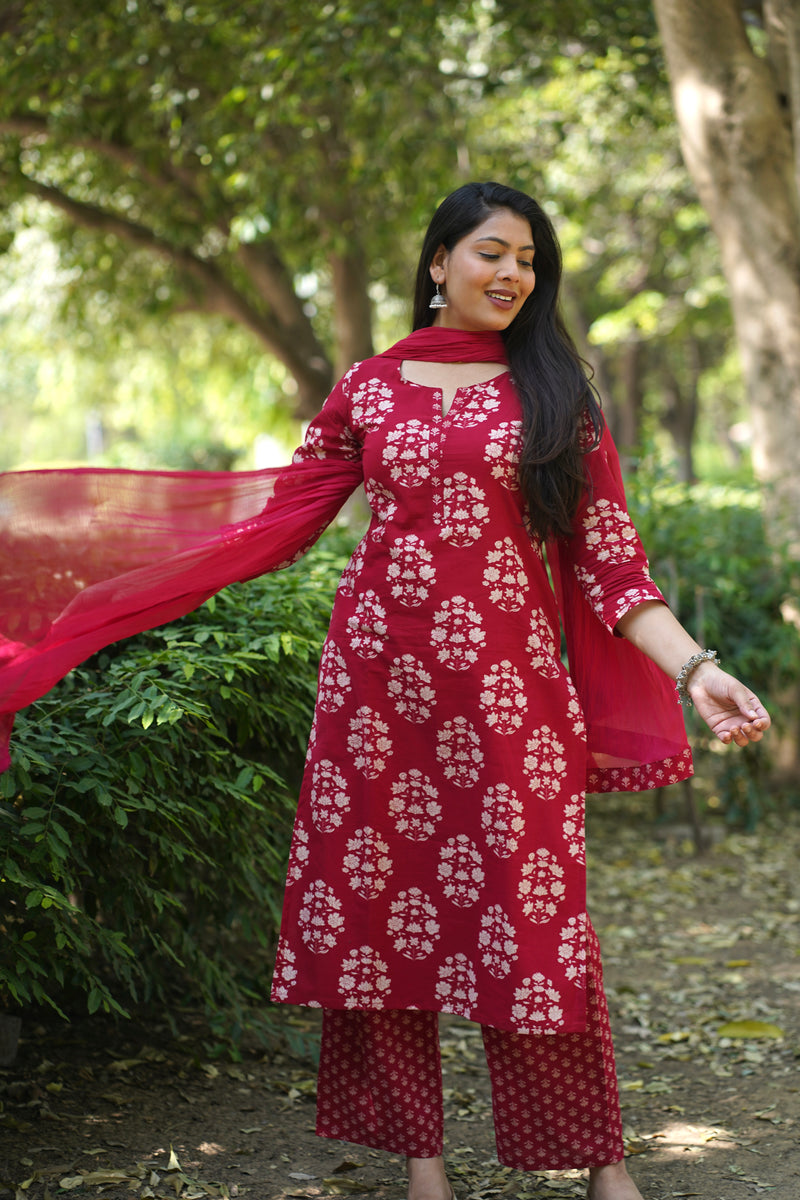 Red block floral straight suit set - Jonaya