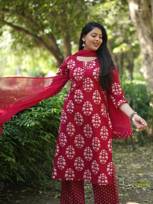 Red Block Floral Straight Suit Set - Jonaya