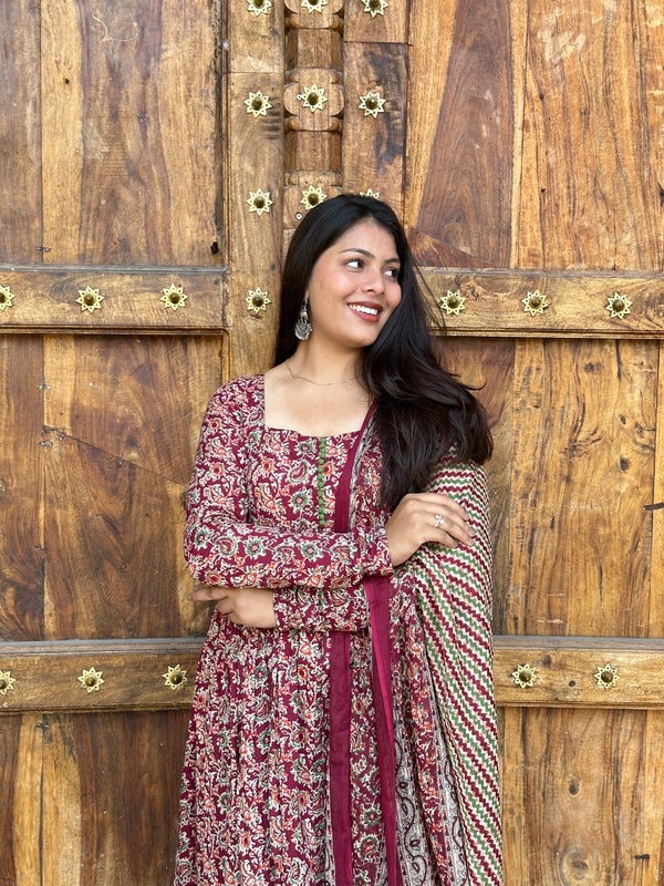 Maroon Kalamkari Flare Suit Set - Jonaya