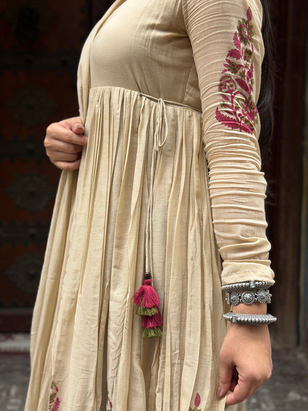 Beige Pink Handblock Anarkali
